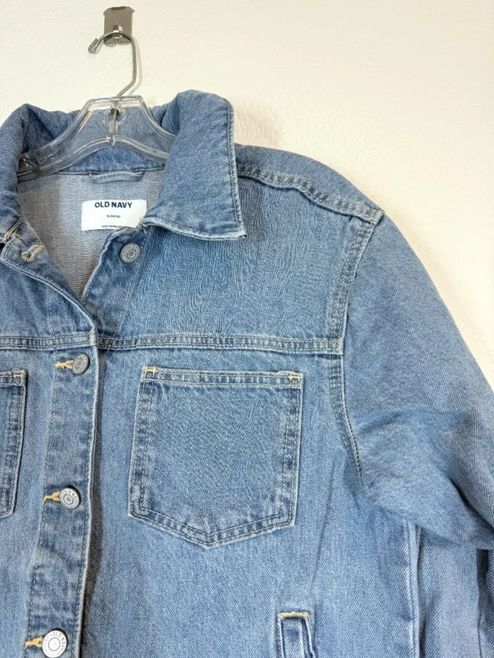 Old Navy Denim Jean Jacket Flower XL 14-16 Patchwork Cropped Blue Retro Y2K